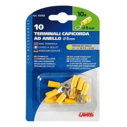 COSSE PLATE ISOLEE A OEILLET JAUNE Ø 5 mm POUR CABLE 2.5/6 mm² - BOITE DE 10 PIECES