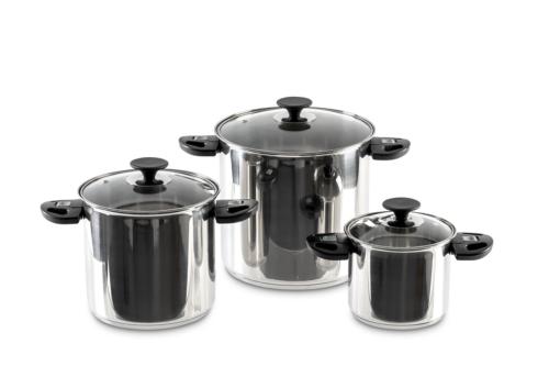 Casseroles acier inoxydable avec poignées pliables + couvercle verre - lot de 3