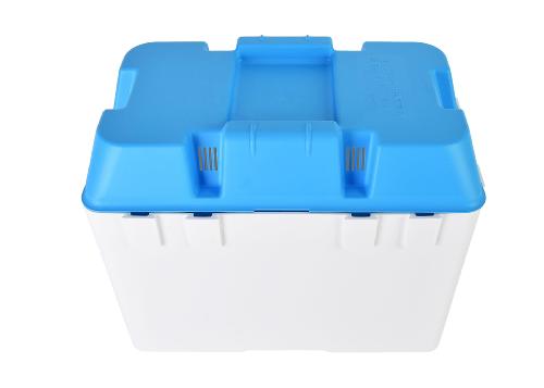 BAC A BATTERIE PLASTIQUE COUVERCLE BLEU AVEC SANGLE 35 × 21 × 28Cm
